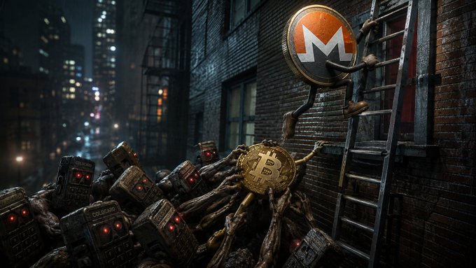 The image depicts a dark, dramatic 3D-rendered scene where skeletal hands emerge from a swarm of robot heads labeled "COLOSSUS," reaching out from below with emaciated arms to clutch a golden Bitcoin coin, while a ladder leans against a brick wall toward a glowing Monero (XMR) logo above. It visually reinforces the "rise of Monero over Bitcoin" theme suggested by the Cake Wallet Space thumbnail.