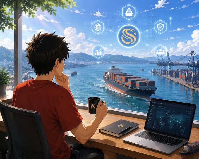 An anime-style illustration shows a young man with brown hair sitting at a desk by a window overlooking a harbor with cargo ships, while holding a black mug with a gold 'S' logo, alongside a laptop displaying network graphics and floating holographic icons.