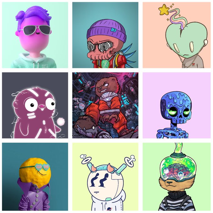 A 3x3 grid displaying nine different digital art illustrations of various cartoonish character avatars, including a pink figure with sunglasses, a skull, a green alien, and a purple monster.