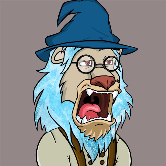 A cartoon illustration of a bear dressed as a wizard with a blue hat, icy blue mane, round glasses, and an open mouth showing fangs.