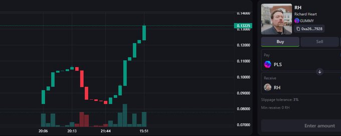 A cryptocurrency trading interface shows a candlestick chart for the PLS token rising to approximately $0.132, with user "RH" (Richard Heart/GUMMY, 0xa26...7928) preparing to buy.