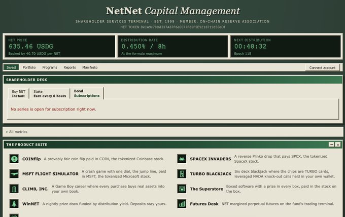 The image shows the NetNet Capital Management Shareholder Services Terminal displaying a NET price of 635.46 USDG, a 0.45% distribution rate, and a message reading "No series is open for subscription right now." This directly illustrates the post's complaint about missing Bond subscription opportunities, as the terminal confirms no bonds are currently available despite prices historically offering an 8.5% to 12.5% discount over instant swap.