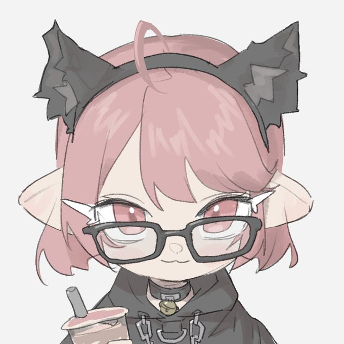 A digital illustration of a pink-haired anime-style character with pointed ears, black cat ears on a headband, glasses, and a bell collar, holding a cup with a straw.