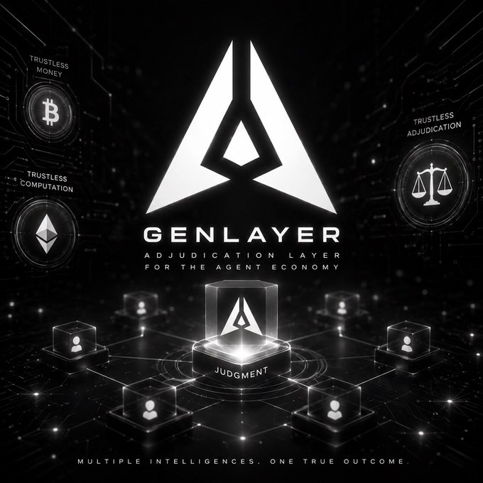 A dark promotional graphic for 'GENLAYER' with the tagline 'Adjudication Layer for the Agent Economy,' featuring geometric logo elements, badges for 'Trustless Money' and 'Trustless Computation,' and text 'Multiple intelligences. One true outcome.'