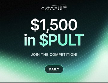 The image is a promotional graphic for Catapult (letsCatapult), announcing a daily $1,500 prize in $PULT tokens, featuring the headline "$1,500 in $PULT" and a "DAILY" button on a teal gradient background. It visually reinforces the tweet's message that the platform has increased its daily competition prize pool, making participation more enticing for users.