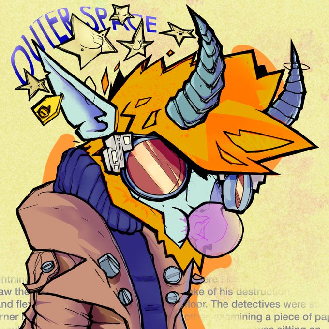 A stylized illustration of a character with an orange spiky head, a single large eye with a striped lens, horns, and a blue glove, with the text 'QUIET SPACE' at the top and a star pattern background.