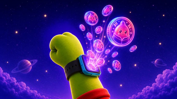 A digital illustration of a green cartoonish arm wearing a glowing smartwatch, from which floating pink digital coins with cute monster faces are emanating against a starry purple space background.