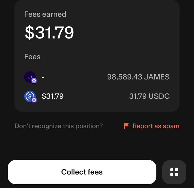 A dark-themed crypto wallet interface showing "Fees earned: $31.79" from a JAMES/USDC liquidity pool, with 98,589.43 JAMES and 31.79 USDC listed under Fees, along with a "Collect fees" button. The screenshot directly illustrates the post's claim of earning $31.79 in fees from the JAMES/USDC pool on day one of using DeFi on Monad.