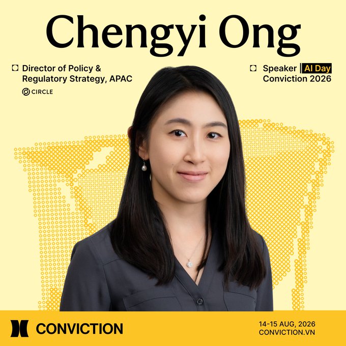 A conference speaker graphic for 'Chengyi Ong', Director of Policy & Regulatory Strategy, APAC at Circle, for Conviction 2026 held 14-15 AUG, 2026.