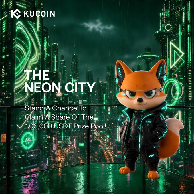 The image is a KuCoin promotional graphic titled "THE NEON CITY" featuring its fox mascot in futuristic attire against a glowing cyberpunk skyline, advertising a chance to win a share of a 100,000 USDT prize pool by tagging @KuCoinCom and using #KuKuUniverse. The campaign invites users to share their own neon-lit creations to participate in the giveaway.