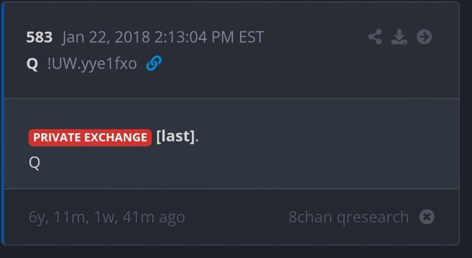 A dark-themed forum post (8chan qresearch) from January 22, 2018, showing post number 583 with the text 'PRIVATE EXCHANGE [last].'