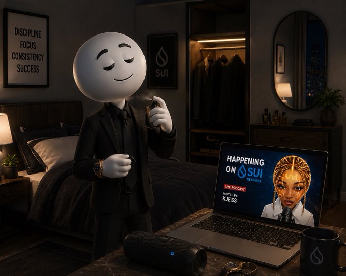 An AI-generated scene featuring a figure with a smiley face head in a suit holding a cigar, with a laptop showing 'HAPPENING ON SUI NETWORK' and 'LIVE PODCAST HOSTED BY KJESS' alongside SUI branding throughout.
