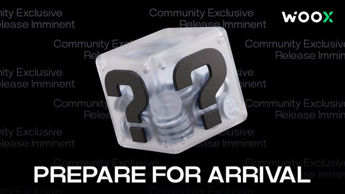 A promotional graphic with a translucent cube containing question marks, featuring 'WOOX' branding and text reading 'PREPARE FOR ARRIVAL' against a background of repeated 'Community Exclusive Release Imminent' watermarks.