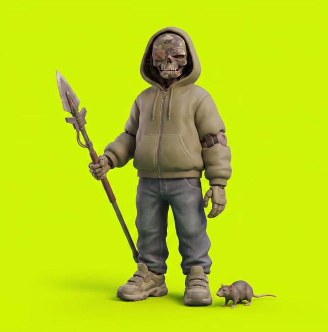A 3D-rendered skeleton character wearing a tan hoodie and holding a spear stands against a bright green background, accompanied by a small rodent at its feet. The artwork showcases the stylized figure likely representing the "Robin Wif Hat" NFT project referenced in the post.