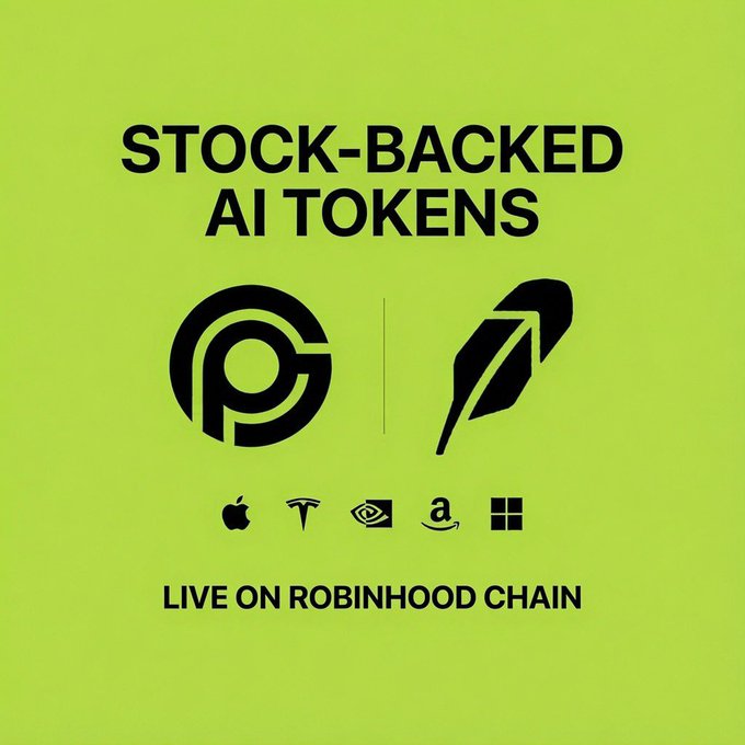 A bright green promotional graphic announces "STOCK-BACKED AI TOKENS" with the letter "P" and feather logos, displaying icons for Apple, Tesla, NVIDIA, Amazon, and Microsoft beneath them, and concluding with "LIVE ON ROBINHOOD CHAIN" at the bottom—visually reinforcing the post's announcement of AI-managed stock basket tokens on Robinhood Chain via PerpGame.