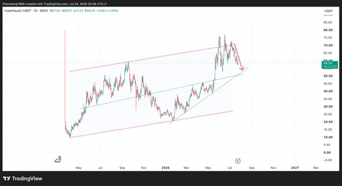 A TradingView candlestick chart of Hyperliquid/USD showing price action from late 2025 to 2026 with trendlines drawn, displaying the current price around 58.59 USDT.