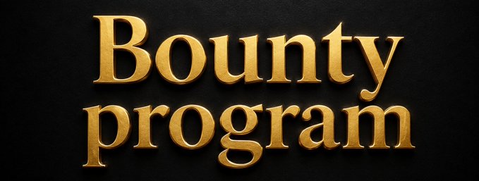 The image displays the words "Bounty program" in elegant gold lettering against a black background, serving as a header graphic that introduces a post listing active crypto and writing bounty programs along with their respective reward pools.