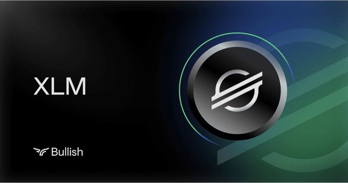 A promotional graphic for Stellar (XLM) cryptocurrency on the Bullish exchange features the XLM ticker alongside the Stellar logo encircled in green, with the post expressing confident optimism about imminent opportunities for the XLM community.