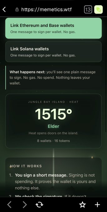 The image shows a screenshot of the memetics.wtf website displaying a "Jungle Bay Island - Heat" page with a score of 1515° labeled "Elder," along with wallet-linking options for Ethereum/Base and Solana. It relates to the post by showing the Heat ranking page on memetics.wtf, which appears to be tied to the $BAYLA token and tracks "Jungle Bay Island" wallets/tokens (showing 8 wallets · 16 tokens).