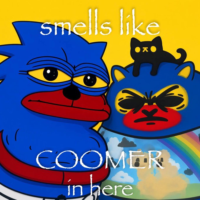 Meme image showing two blue cartoon cat-like figures with text reading 'smells like COOMER in here'.