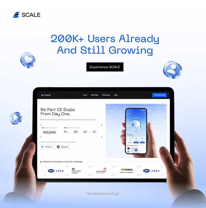 A promotional image for SCALE claiming '200K+ Users Already And Still Growing,' featuring hands holding a tablet displaying the SCALE website with over 196,000 users and various partner logos.