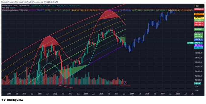 A TradingView chart of Bitcoin (BTC) against the U.S. Dollar on Coinbase displays historical price action from 2019 through 2030, overlaid with historical cycle comparison data and the "Wave Sanders (2022) (pink)" forecast indicator, showing a projected trajectory mirroring past cycle bottoms and rallies. The chart visually supports the post's bullish thesis by illustrating a potential 4-5x return scenario over the next 2-3 years, with the pink wave forecast suggesting Bitcoin's future price path if it were to follow a pattern similar to previous halving cycles.