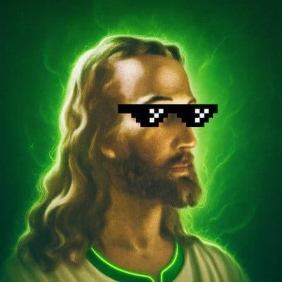 A digitally edited image of Jesus with long hair and a beard, wearing pixelated "deal with it" sunglasses, set against a glowing green background.