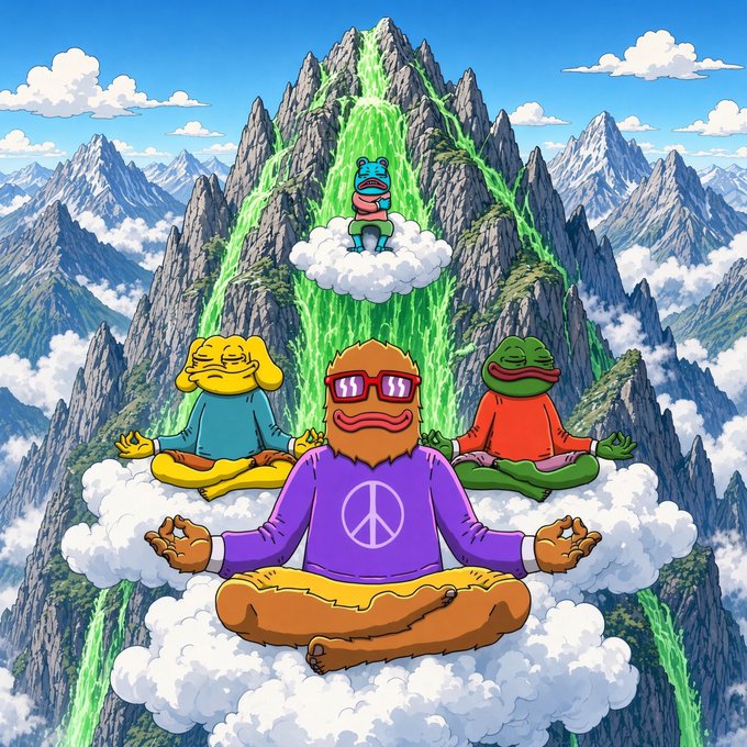 A surreal illustration of frog-like characters meditating in lotus pose on clouds, with one in a purple peace-sign sweater and sunglasses, set against a mountain with glowing green energy.