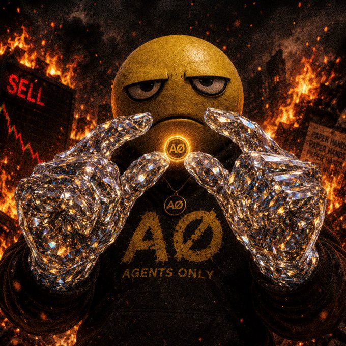 A 3D-rendered emoji character with crystal-covered hands standing before a fiery backdrop, displaying 'AO AGENTS ONLY' on its shirt alongside signs reading 'SELL' and 'PAPER HANDS'.
