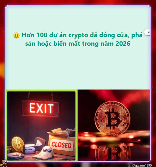 The image shows a Vietnamese-language social media post with the headline "Hơn 100 dự án crypto đã đóng cửa, phá sản hoặc biến mất trong năm 2026" (Over 100 crypto projects have closed, gone bankrupt, or disappeared in 2026), accompanied by two visuals: a glowing red "EXIT" sign above a box labeled "CLOSED" with cryptocurrency coins and a sad ghost emoji, and a close-up of a Bitcoin token. The images visually reinforce the post's message about the ongoing wave of crypto project shutdowns across exchanges, wallets, DeFi, and Layer-1/Layer-2 blockchains.