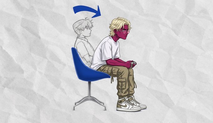 An illustration showing a blonde-haired, red-skinned figure sitting on a blue chair holding a game controller, with a faded duplicate of the same figure next to them and a blue arrow above.