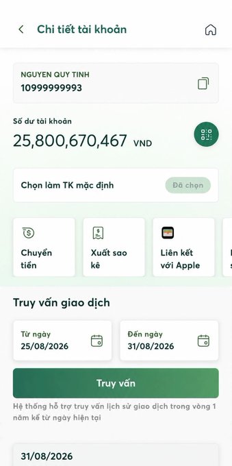 A Vietnamese banking app screenshot displays an account balance of "25,800,670,467 VNĐ" for account "1099999993", along with transaction query options.