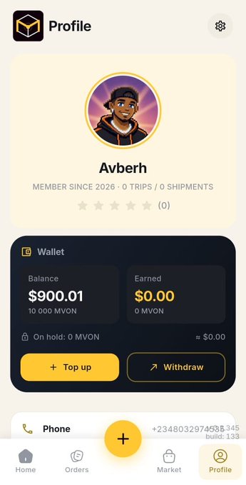 A mobile app profile screen for user 'Avberh' showing a wallet balance of $900.01 (10,000 MVON), 0 trips, and 0 shipments, with options to 'Top up' or 'Withdraw'.