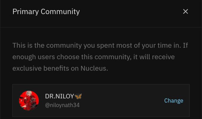 A mobile interface showing a 'Primary Community' selection for 'DR.NILOY' (@niloynath34) on Nucleus, with a 'Change' option.