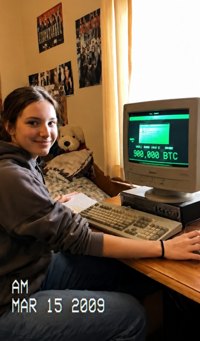 A stylized image dated 'AM MAR 15 2009' shows a young woman smiling in a bedroom with a teddy bear, while an old CRT monitor displays '900,000 BTC' on its screen.