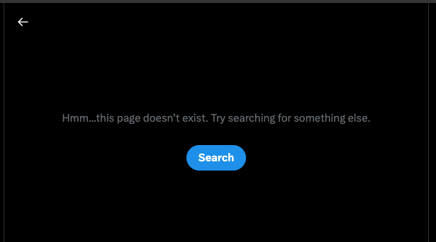 A black 404 error screen displays the message "Hmm...this page doesn't exist. Try searching for something else." with a blue "Search" button below, alongside a back arrow in the top left corner—suggesting a deleted or removed webpage, which aligns with the post's claim that Pump Fun removed the tweet about $LAPTOP.