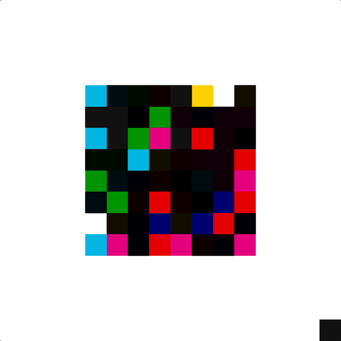 An abstract pixelated image composed of colorful squares in black, red, green, blue, yellow, and pink on a white background.