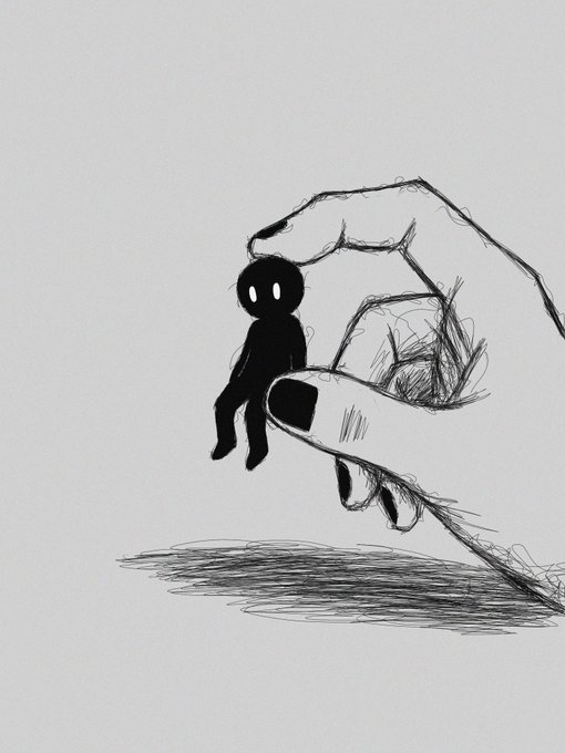 A black-and-white sketch shows a large hand reaching down from the top of the frame to grasp a small, faceless black stick-figure character by the head.