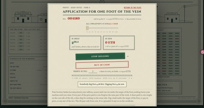 A digital mining application form titled "APPLICATION FOR ONE FOOT OF THE VEIN" with project number 004189, showing 0 ETH raised from 38.4 SWEAT tokens, with a "BUY IN-COIN" button. The image relates to the post by depicting the digsite interface where users purchase a "foot" to mine SWEAT tokens, which converts sweat earnings into ETH.