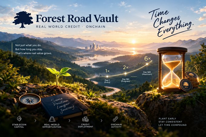 A promotional banner for 'Forest Road Vault' featuring the slogan 'Time Changes Everything' with imagery of a sunrise, mountains, a sapling, and an hourglass illustrating growth from 1x to 6x.