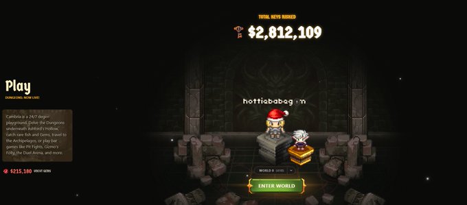 A screenshot from the Playcambria dungeon RPG game showing a character named "hottiebabeg~m" standing before stone archways, with a total server loot record of $2,812,109 displayed at the top and an "Enter World" button at the bottom, reflecting the promotional opportunity to earn loot chests and points highlighted in the accompanying post.