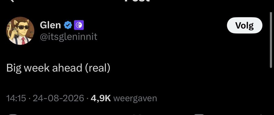 A tweet from user Glen (@itsgleninnnt) posted on 24-08-2026 reading "Big week ahead (real)" with 4.9K views, referencing an upcoming significant announcement for the $ink token on @inkonchain involving confirmed tokenomics this week.