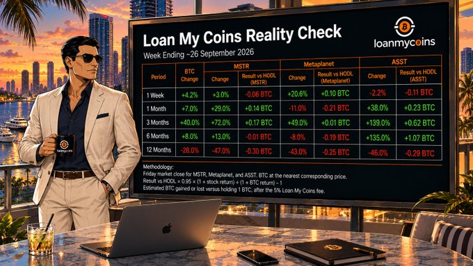 A promotional graphic for 'Loan My Coins' displays a 'Reality Check' table for the week ending ~26 September 2026, showing BTC change and result metrics for MSTR, Metaplanet, and ASST over various periods.
