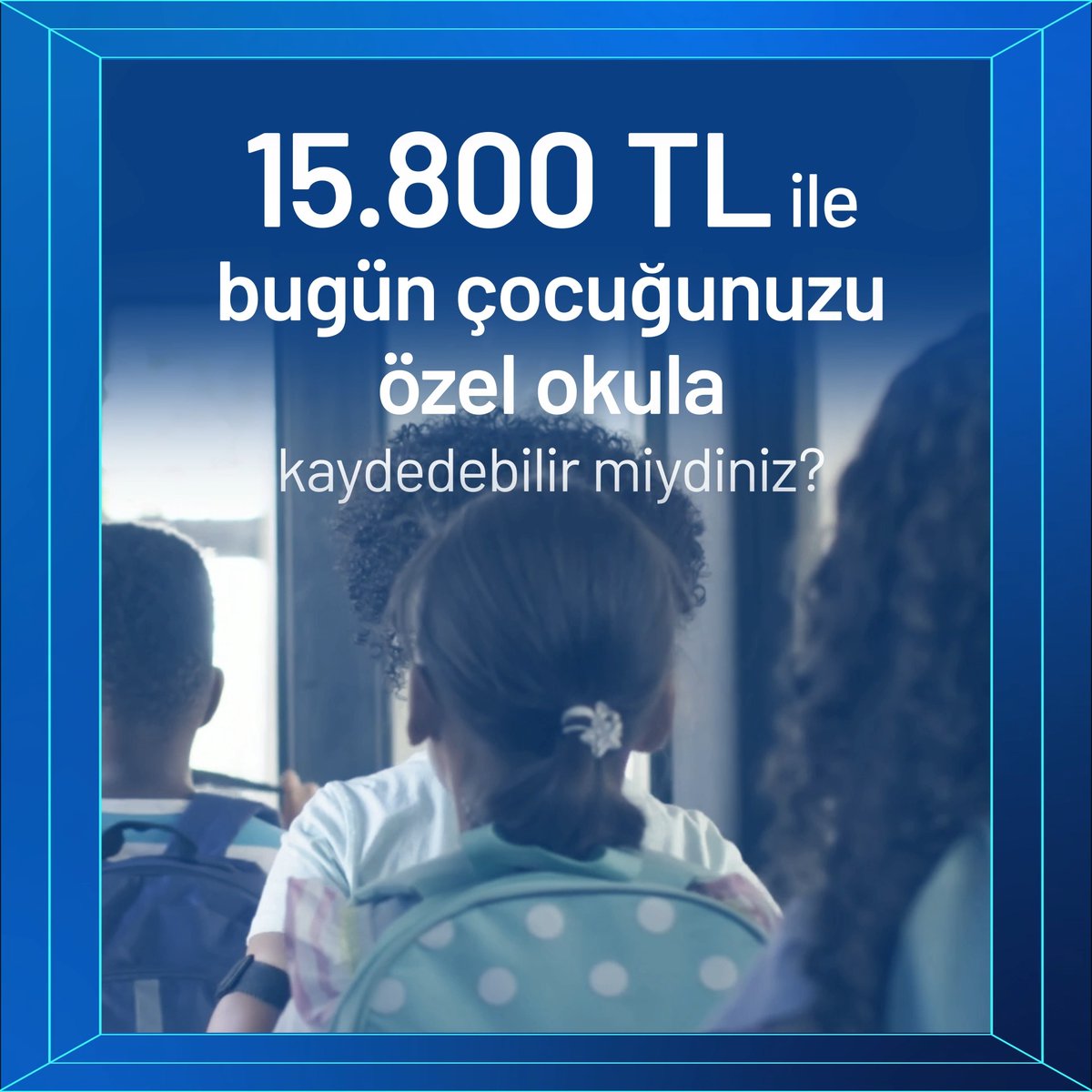 The image features a blue-toned advertisement-style graphic showing children from behind, likely students with backpacks, overlaid with Turkish text reading "15.800 TL ile bugün çocuğunuzu özel okula kaydedebilir miydiniz?" (Could you enroll your child in a private school today with 15,800 TL?). The image cleverly parallels the post's message by highlighting how 15,800 TL—presented as insufficient for a child's private school tuition—would have grown into a substantial Bitcoin investment of approximately 22,371,545 TL if used for monthly dollar-cost averaging since 2013.