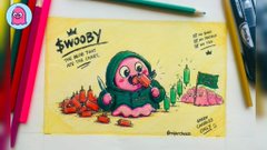 A small illustration on a yellow note features a cartoon character with the text 'Swooby Camping Time' surrounded by colored markers.