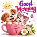 A cheerful "Good Morning" greeting card features a fluffy kitten and adorable puppy peeking out from a pink teacup surrounded by daisies and a smiling sun, fitting the upbeat "GM X Builders" message wishing builders a bright start to their day.