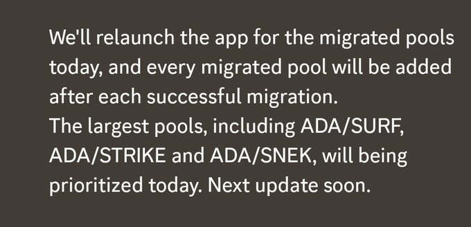 An announcement on a dark background states that an app will relaunch for migrated pools today, with each migrated pool added after successful migration, and that the largest pools—ADA/SURF, ADA/STRIKE, and ADA/SNEK—will be prioritized. This aligns with the post highlighting $SURF's relaunch today and its listing on ADA, confirming the relaunch details for the ADA/SURF pool mentioned.