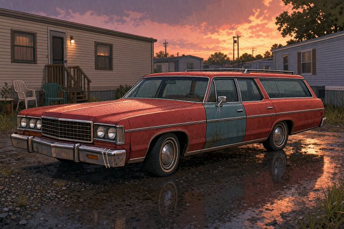 An artistic rendering of a weathered red and blue vintage station wagon parked on wet pavement at sunset in front of a mobile home park.