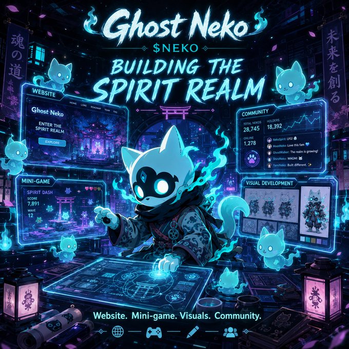 The main focus of this image is a computer program named Ghost Neko that has been developed for Nintendo. The program features multiple screens displaying various aspects related to the game, such as the website, mini-game, visuals, community building, updating the website, shaping the #NEKO identity and improving the overall atmosphere around the game's community. This image can be used as a post about Ghost Neko, discussing its progress in terms of updates, improvements, and community involvement.