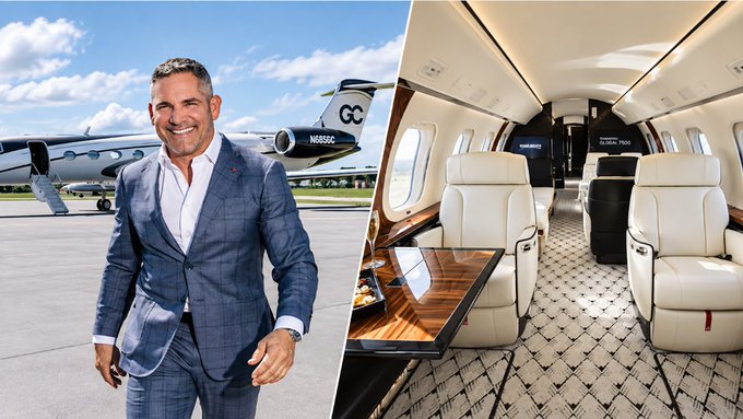 A split image shows a man in a blue suit smiling in front of a private jet on the left, and the luxurious cream-leather cabin interior of an aircraft on the right.